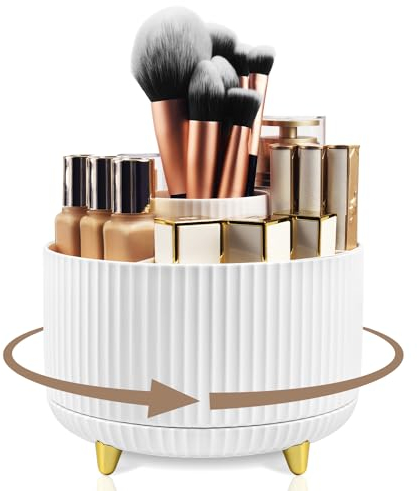 HOOMOOZ Make Up Organizer, 360° Drehbar Kosmetik Organizer Schmink Aufbewahrung, Kosmetikregal Kosmetikbox Pinsel Lippenstift Etui Organizer für Decor Frisiertisch Schlafzimmer Badezimmer, Weiß