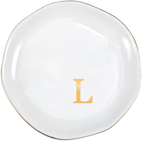 Procase Plateau Bijoux Céramique Personnalisé A-Z, Vide Poche Décoratif, pour Range Bijoux Clé Accessoire, N’importe Où -Blanc, L