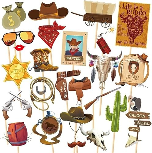 25 stycken cowboy fotorekvisita, 6 stycken spiralberlocker, cowboy tema rekvisita för män, födelsedagsfestdekorationer, fotostudiotillbehör