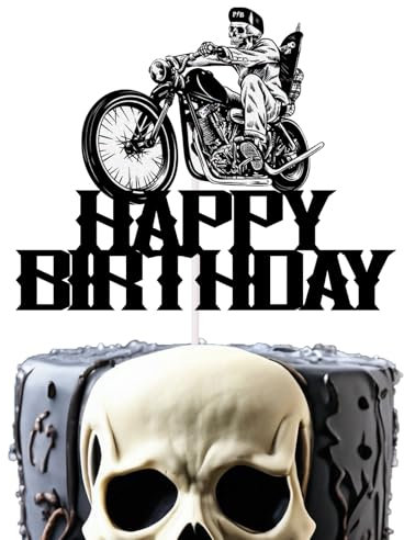 Glitter Motorcycle And Cool Biker Happy Birthday Cake Topper, Motorbike Rider Racing Theme Party, Cool Skull Theme Party Decoration Supplies