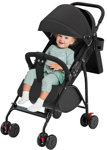 OHMG Passeggino a canna da bambino 0-3 anni, carico 25 kg, con schienale e poggiapiedi regolabili, pieghevole compatto e leggero, da viaggio con baldacchino e zanzariera, 360° ruote antiscivolo