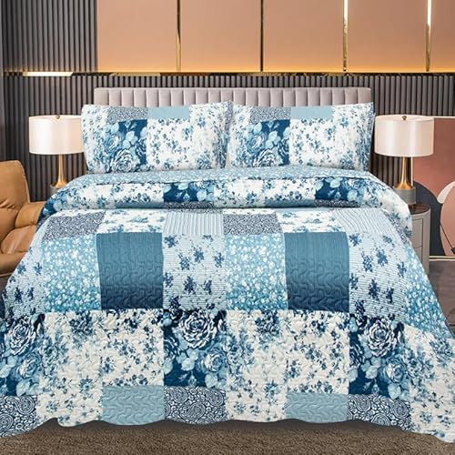 Fit Even Quilt Patchwork Bedspread 3 Piece Set – Coverless Quilted Bedspread, Comforter Throw, Summer and All-Season Lightweight Bedding Sets, with 2 Pillow Sham - (Ice Floral, King)