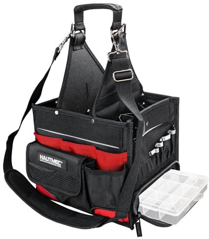HAUTMEC Electrician Tool Bag with Parts Tray, Heavy-Duty 37-Pocket Open Top Tool Tote, Reinforced Base, Water-Resistant, Adjustable Shoulder Strap – HT0174