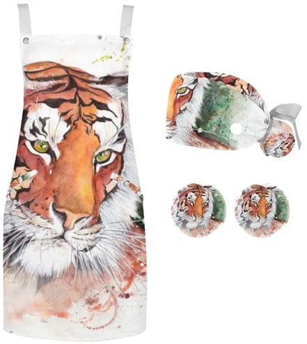 lcndlsoe Set di grembiule da cuoco con cappello da chef e grembiule da cucina con fiore Carta da Parati Grembiule regolabile per adulti con badge a 2 bottoni per cucinare, Multicolore 3,