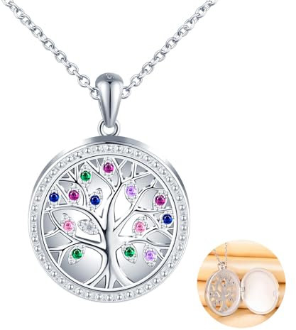 MICSAVI Silber 925 Foto Kette Damen Medaillon Runder Anhänger Baum des Lebens Halskette mit Zirkonia