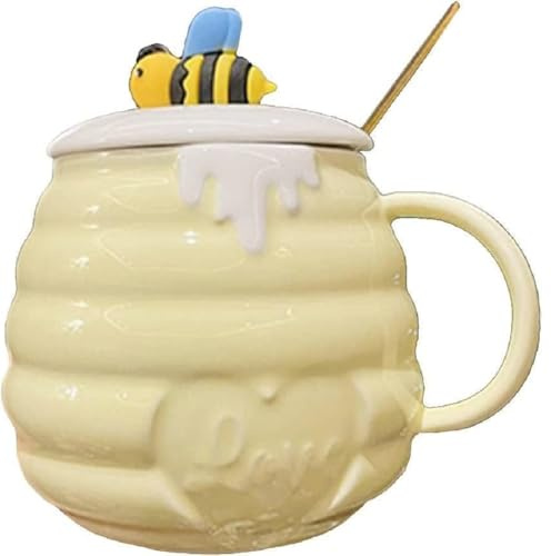 Huiyiwert Niedliche Kaffeetasse 400ml Kaffeebecher Biene Thema Keramiktasse mit Deckel und Löffel Süße Bürotasse Milchbecher Kakaobecher Geschenk Tasse für Frauen Mädchen Freundin (Hell-Gelb)