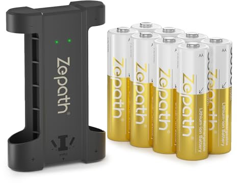 Zepath 8 PCS 1,5V AA Lithium Batterie Ricaricabili con Caricabatterie 2 Slot, 3600mWh Dobbia A Batterie Ricaricabili con 2000+Tech