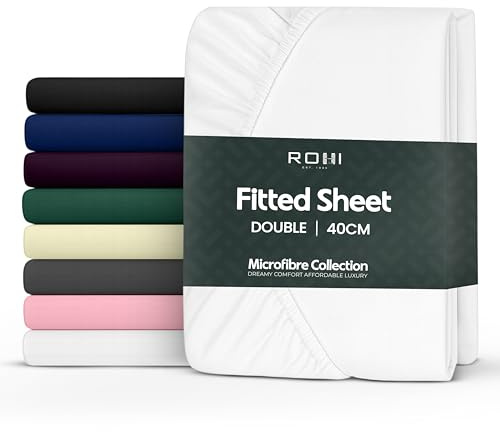 Rohi Double Bed Fitted Sheet 100% Microfibre – 16'' (40cm) Extra Deep Fitted Sheet with Elasticated Corners – Ultra Soft, Hypoallergenic & Durable Bed Sheet – Bottom Sheet (White – 137 x 190cm)