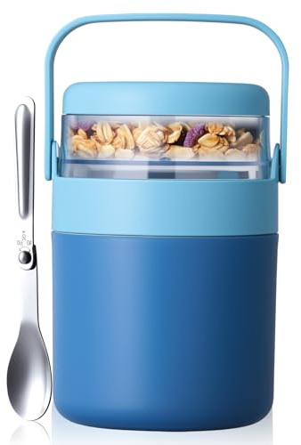 Homealexa Müslibecher to go, 730ml Joghurtbecher to Go Kinder mit Löffel, Müsli Cup to Go Becher | Unterteilung für Joghurt & Müsli | Geeignet für Gefrierschrank Mikrowelle Spülmaschine
