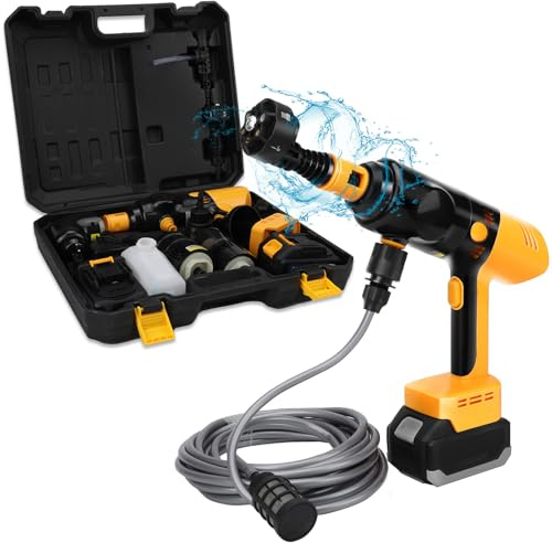 Pulitrice ad alta pressione 4 in 1 e compressore e aspirapolvere e ventilatore con 2 batterie da 3000 mAh, motore senza spazzole da 200 W, 23000 giri/min, per la pulizia quotidiana di auto e