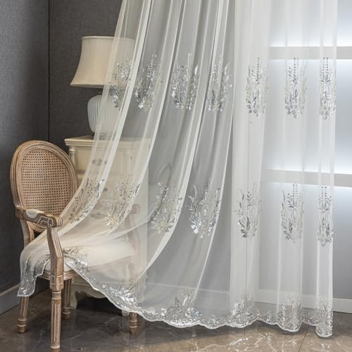 KEKUYA Voile Gardinen Vorhänge Halbtransparent Wohnzimmer mit Ösen für Schlafzimmer Kinderzimmer,Paillettenstickerei 2er Set 132x160cm (B x H)