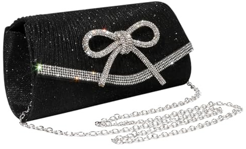 Mayoii Sac à main glamour avec nœud en strass étincelants, pochette noire et argentée pour mariages, bals, fêtes, sac spacieux avec bandoulière en chaîne