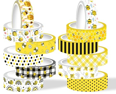 Ktxaby 12 Rollen Bienen Washi Tape Set, Hummel Gänseblümchen Masking Tapes, Gelb Schwarz Kariert Polka Dot Dekorative Washi Tapes für DIY Kunst Handwerk(5m/Rolle)