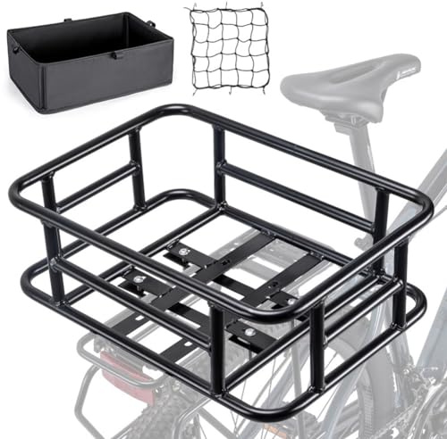 Fahrradkorb Hinten, Hinterradkorb mit Cargo Netz und Liner, Schulranzen Hinten Hervorragen aus Aluminium, Tragkraft bis zu 30 kg und Volumen 10L für Fahrrad, E-Bike, Elektrofahrrad 46 x 33 15 cm