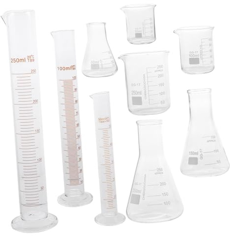MAGICLULU 9pcs Laboratory Glassware Set Graduated Beakers Measuring Cylinders Conical Flasks High Temperature Resistant for Experiments and Kitchen Use