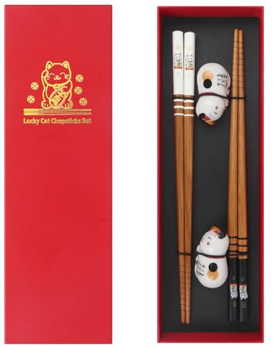 GOTDYBST Japanese Natural Bamboo Chopsticks: 2 Pairs Chopstick with 2 Ceramic Cat Chopstick Rest, Reusable, Gift Box Packaging, for Asian Dishes Sushi Rice Noodles