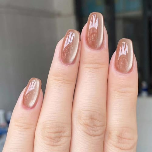 Clawrex Cat Eye Press on Nails Korta, 24 stycken Fyrkantiga Katterögon, Full Cover Fingernäglar Med Nagellim, Glansiga Soft Gel Falska Naglar för Kvinnor, Konstgjorda Naglar att Klistra Fast Nail Art