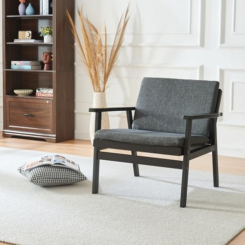 Panana Accent Chair, PE Rattan Look Back & Seat Tub Chair with removable seat pad and back,Wood Armchair for Living Room Bedroom (Walnut Chair with Natural with Dark Grey Pad)
