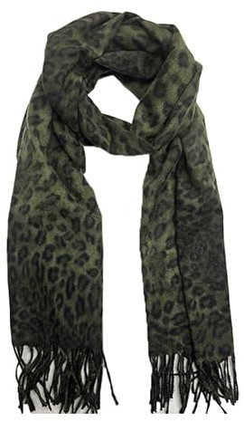 Zac's Alter Ego Leopard Print Thinsulate Scarf, Long Style with Fringe Tassels, Brown and Black Animal Pattern (Army Green)