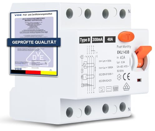 Interruttore di sicurezza FI tipo B, 40 A, 300 mA, 4 poli, RCD sensibile a tutte le correnti per Wallbox e stazione di ricarica, interruttore di corrente di errore con certificazione VDE, montaggio su