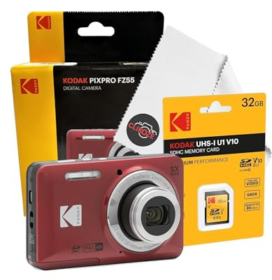 Set di fotocamere digitali con fotocamera digitale compatta Kodak Pixpro FZ55, scheda SD da 32 GB e panno di pulizia Clikoze (rosso)