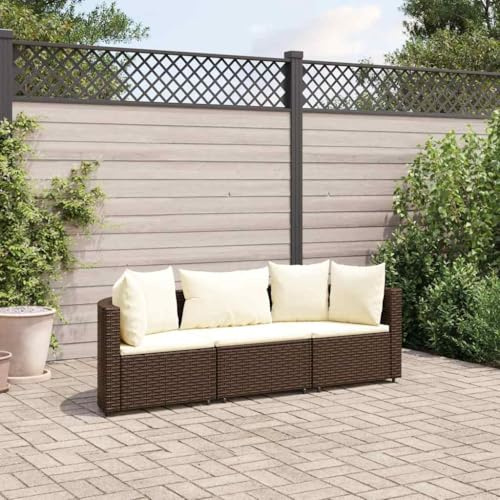 Holamys Ensemble de canapé de jardin 3 pièces en polyrotin marron avec coussins, robuste, pour terrasse, balcon, groupe de sièges d'extérieur modulaires, faciles d'entretien, résistants aux UV