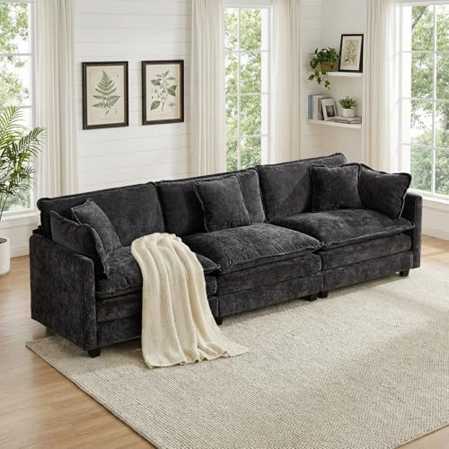 SoarFlash Modernes Sofa mit Armlehnen, Chenille-Oberfläche, doppelgefüllte Kissen, geeignet für Wohnzimmer/Schlafzimmer/Wohnung, Dreisitz-Sofa, Schwarz