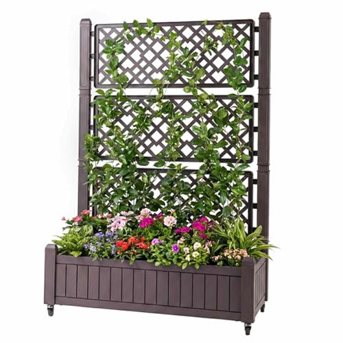 HOMASIS Jardinière avec Treillis, Jardinière d'extérieur avec roulettes, Séparateur, Trou de Drainage, Indicateur de Niveau d'eau, Séparateur pour Plantes Grimpantes (Marron, 108 x 45 x 155 cm)