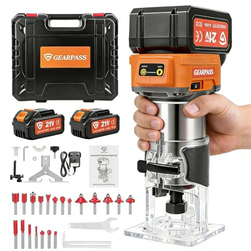 Cordless Wood Router 21V Hand Electric Palm Router Tool, 2PCS 4000mAH, 6 Variable Speed (3000-30000RPM) Brushless Motor, LED Display, Dust Extraction and 20pcs Bits Set