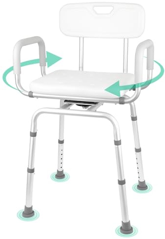 360° Swivel Shower Chair with Arms and Back, 6 Height Adjustable Shower Seat for Elderly Disabled, Non-Slip Rotating Bath Chair for Inside Shower or Bathtub