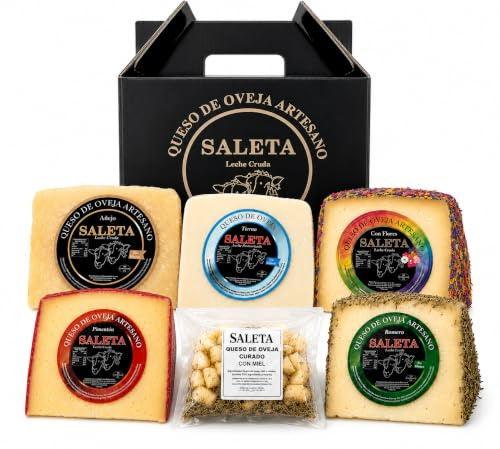 SALETA® Cesta Quesos Gourmet Regalo | 5 Cuñas Queso Semicurado al Romero, Pimentón y con Flores, Tierno, Añejo y con Miel | Surtido de Quesos Pack Sensaciones 1,5Kg