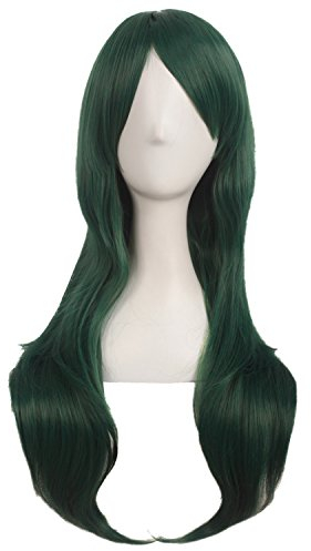 Mapofbeauty 28 Pulgadas/70cm Mujeres Lado Flequillo Largo Pelo Rizado Pelucas de Cosplay(Pino Verde)