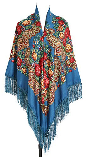Gudessly 157,5 x 157,9 cm surdimensionné pour femme - Écharpe rétro traditionnelle avec franges et franges - Poncho imprimé floral, bleu lac, 62 * 62inch