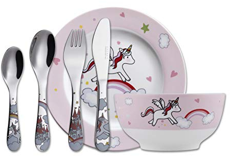 Exzact Besteck Geschenkset 6 Stücken aus Edelstahl/Kindergeschirr - 1 x Schale, 1 x Teller, 1 x Tafelmesser, 1 x Essgabel, 1 x Teelöffel und 1 x Tafellöffel - Deluxe Geschenkbox - Einhorn