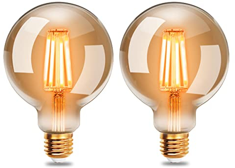 EXTRASTAR Edison Vintage Glühbirne, 95mm Durchmesser, G95 E27 LED Filament Lampe, 6W Ersetzt 48W Glühlampe, 540 LM, 2200K Warmweiß, Bernsteinfarbenes Glas, Nicht Dimmbar, 2 Stück