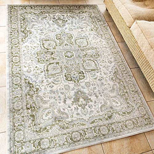 Traditional Antique Floral Medallion Sage Green Lounge Living Room Carpet Rug Classic Oriental Cream Moroccan Distressed Hallway Bedroom Kitchen Dining Room Floor Mat Area Rugs 160cm x 230cm