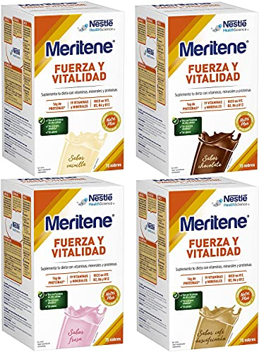 Meritene® FUERZA Y VITALIDAD Batidos - Suplementa tu nutrición y mantén tu sistema inmune con vitaminas, minerales y proteínas - Vainilla, Chocolate, Fresa y Café Decaf – 4 packs x 15 sobres x 30g