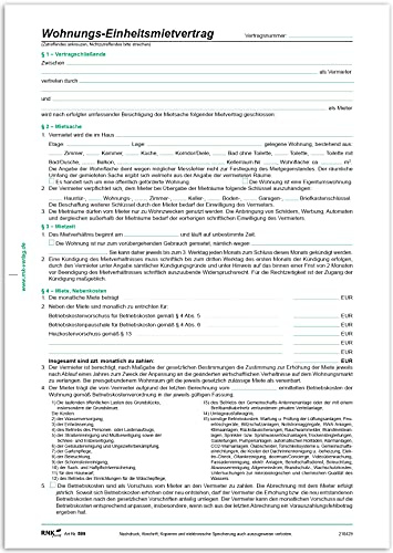 RNKVERLAG 599 - Wohnungs- Einheitsmietvertrag, 4 Seiten, gefalzt auf DIN A4, mit Wohnungsgeberbescheinigung, 50 Stück
