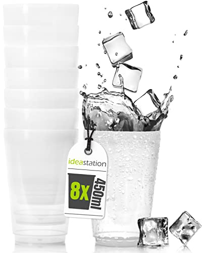 idea-station Plastikbecher transparent - 8 Stück - 450 ml - Trinkbecher | BPA-frei + Mehrweg + Bruchfest - Becher aus robustem Kunststoff - wiederverwendbare Kunststoffbecher aus Hart-Plastik