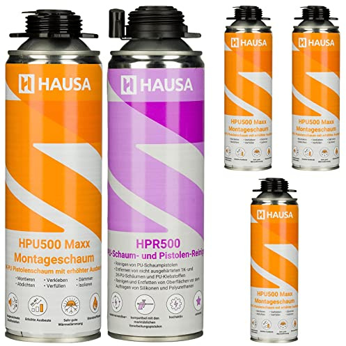 Hausa Mousse de Montage Mousse expansive 1K Grise HPU500 Maxx PROFESSIONAL 500ml et Détergent Hausa Mousse PU et Nettoyant pour Pistolet 500ml HPR500 Kit 4+1