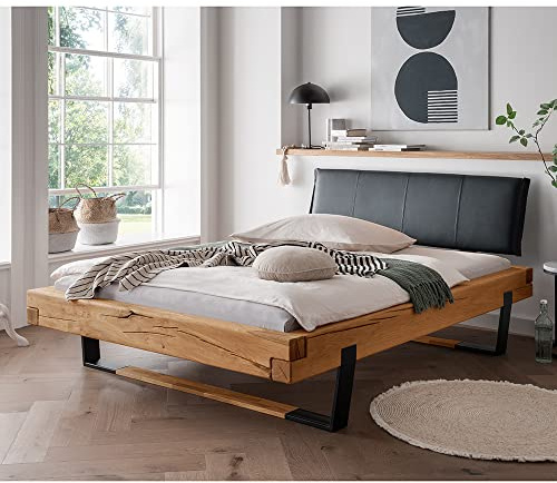 Lomadox Doppelbett Ehebett Bett Echtholz Massivholz, 180x200 cm, Eiche massiv, schwarzes Echtleder-Kopfteil, Schwarze Metallkufen mit Massivholzeinsatz, B/H/T ca. 198/88/228 cm