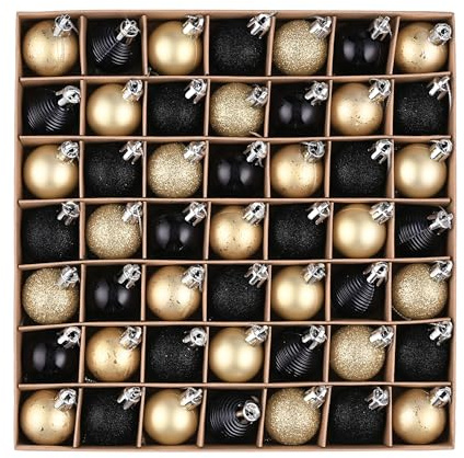 Valery Madelyn Weihnachtskugeln, 49pcs 3cm Christbaumkugeln Kunststoff Weihnachtskugel Weihnachtsdeko mit Aufhänger Geschenkpaket Weihnachtsbaumschmuck Schwarz Gold Thema