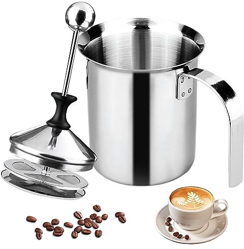 400ml Montalatte Manuale, Schiumalatte con Pompa a Mano, Montalatte a Pompa, 304 Schiumalatte in Acciaio Inox Doppia Rete Manual, Cappuccinatore Manuale per Cappuccino e Caffè