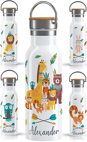 OWLBOOK Boho Tierbande Trinkflasche personalisiert aus Edelstahl für Kinder mit Zoo Dschungel Waldtiere - 600 ml Kindertrinkflasche mit Bambusdeckel - Auslaufsicher BPA-frei - für warme und kalte