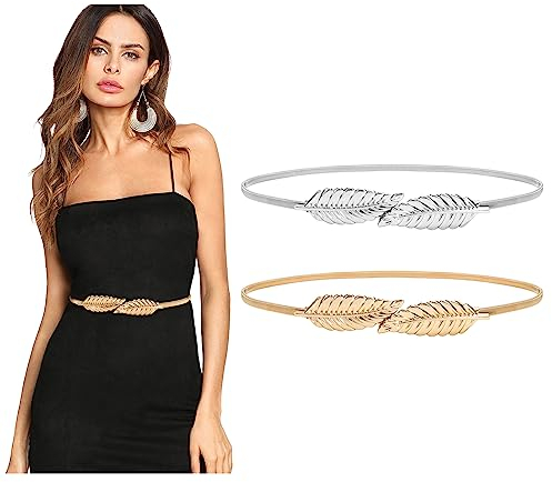 WERFORU 2 Stück Frauen Metall Dünner Gürtel für Kleid Gold elastische dünne Taille Gürtel Stretch Cinch Gürtel