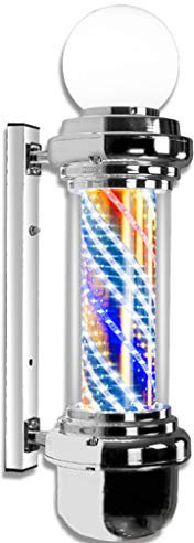 Poste de barbero para exteriores, señal de peluquería giratoria e iluminada, grande, luz retro LED, rojo, blanco, azul, rayas, material de PC importado, luz de pared para exteriores