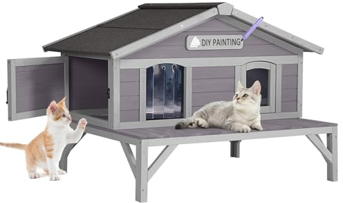 Outdoor Cat House, Shelter for Feral Cats Wooden Kitty Shelter, Weatherproof Cat Enclosure with Large Balcony