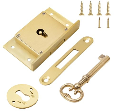 UFURMATE Vintage Lock, 1 Pack Brushed Cabinet Lock Set with Key & Backplate Retro Desk Drawer Spring Lock Decorative Antique Brass Lock for Cabinet, Wardrobe, Drawer, Cupboard, Wooden Boxes