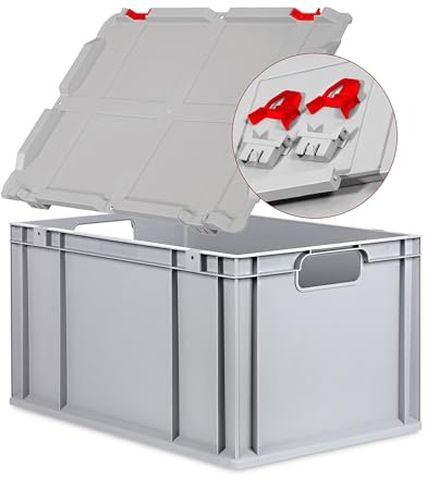 goodsforbusiness Eurobox NextGen Economy 60x40x32cm Griffe offen mit Scharnierdeckel grau, Kunststoffbox 65 Liter, Transportbox Lagerbox Campingbox stapelbar, Farbe Deckel-Verschlüsse wählbar (Rot)