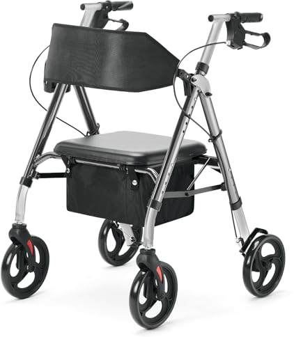 HEAO Rollator faltbar und leicht mit sitz, Aluminium Reiserollator- höhenverstellbar- Breite Rückengurt, Rollatoren Schmal für Wohnung, Gehhilfe Gehwagen für Senioren, Grau